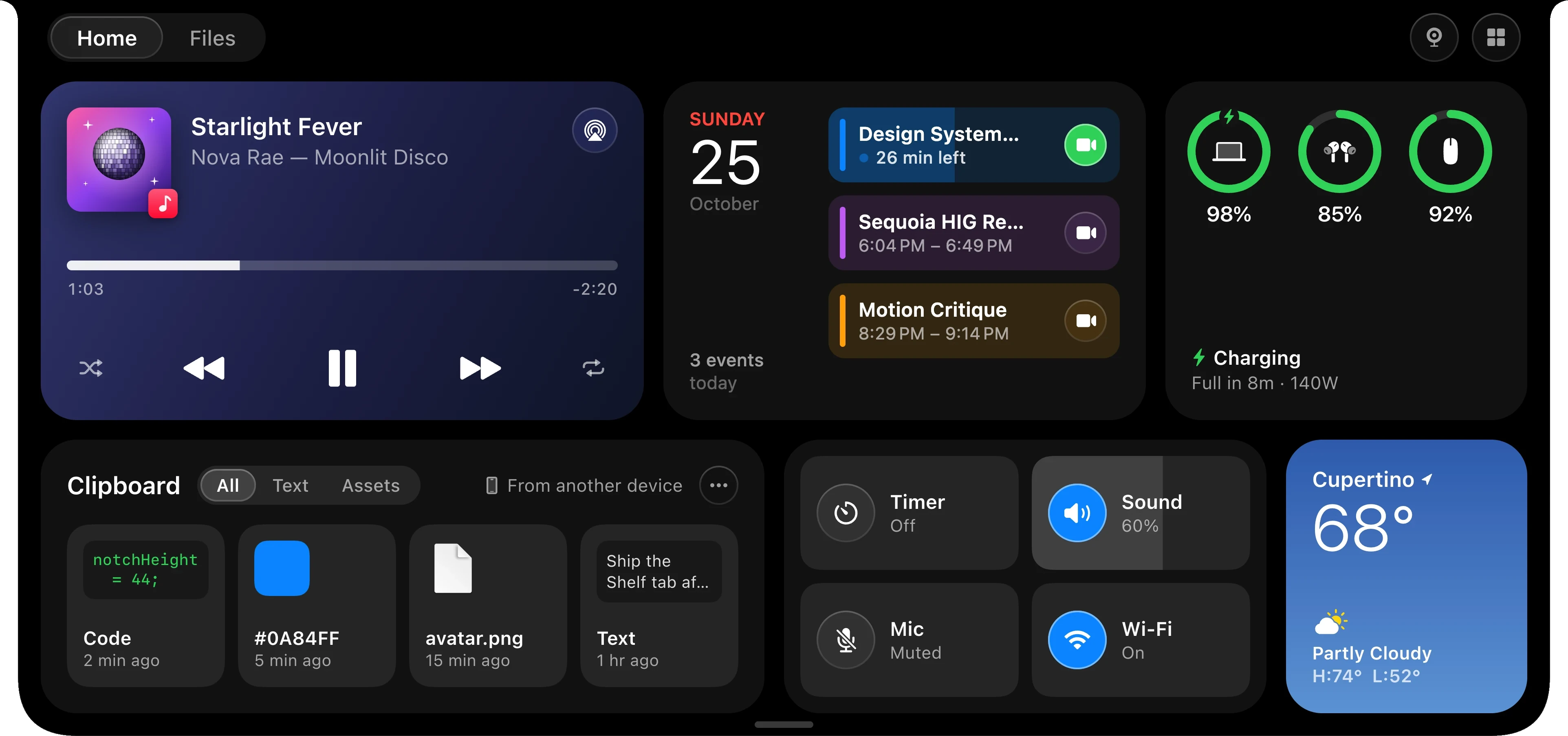 Hover over the notch and Home opens, with the basics for your day as cards you can rearrange.